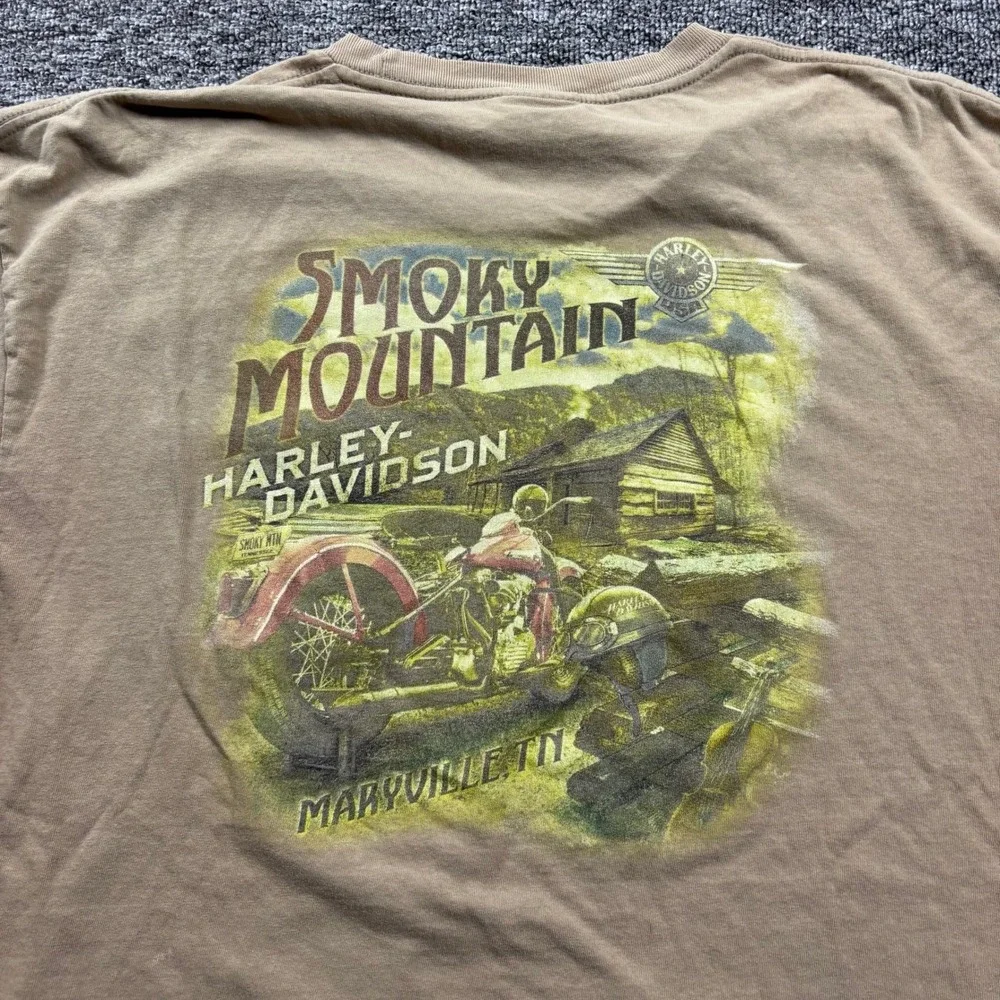 Grunge Harley Davidson Biker Smoky Mountain Brown Pocket T-Shirt Size Large - Picture 4 of 6